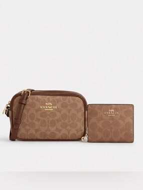 Coach Mini Jamie Camera Bag In Signature Canvas and Wallet  Gold/Tan/Brown Set.